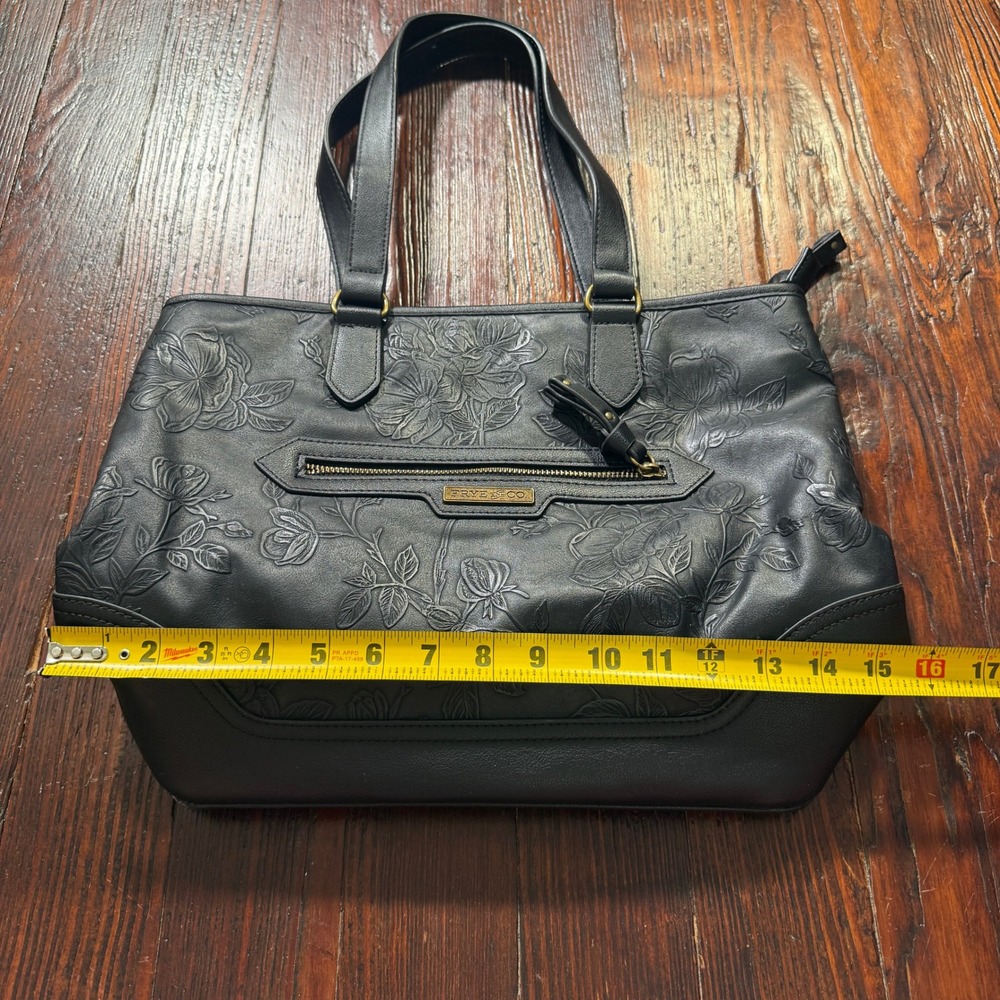 Frye & Co Tote Bag Purse Black Embossed Floral Rose Faux Leather Shoulder - Picture 3 of 10
